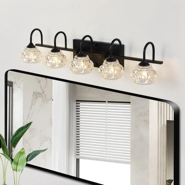 Main image of 29" Retro 5-Light Bathroom Vanity Light Fixture - Black Finish with Crystal Glass Shades, Wall Mounted Lighting for Bathroom, Powder Room, and Vanity Mirror (No Bulbs)