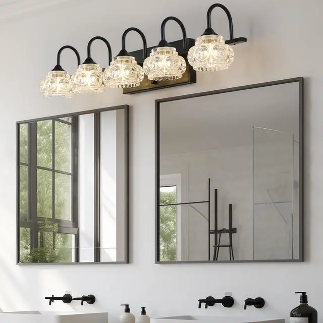 Alt view image 2 of 7 - 29" Retro 5-Light Bathroom Vanity Light Fixture - Black Finish with Crystal Glass Shades, Wall Mounted Lighting for Bathroom, Powder Room, and Vanity Mirror (No Bulbs)