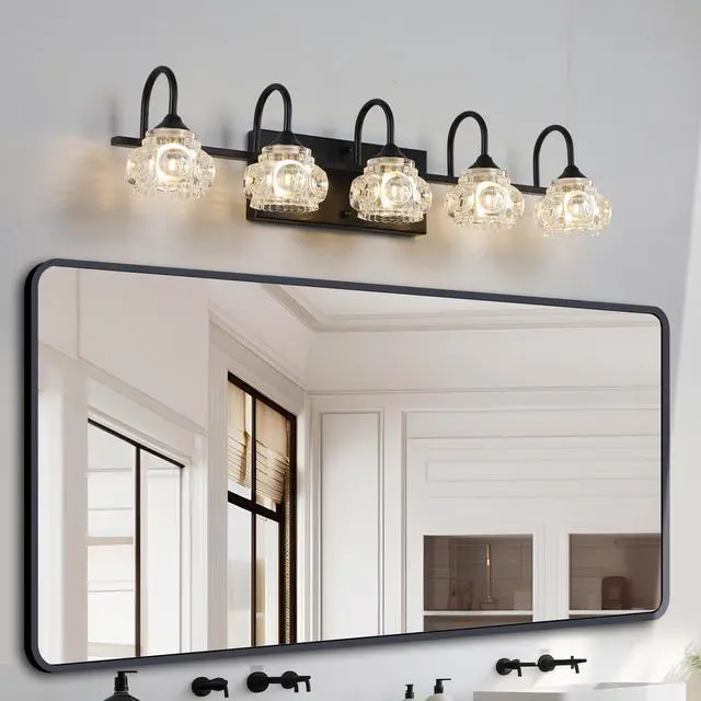 Alt view image 3 of 7 - 29" Retro 5-Light Bathroom Vanity Light Fixture - Black Finish with Crystal Glass Shades, Wall Mounted Lighting for Bathroom, Powder Room, and Vanity Mirror (No Bulbs)