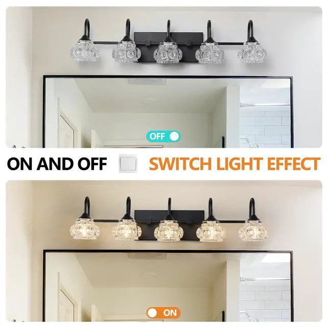 Alt view image 6 of 7 - 29" Retro 5-Light Bathroom Vanity Light Fixture - Black Finish with Crystal Glass Shades, Wall Mounted Lighting for Bathroom, Powder Room, and Vanity Mirror (No Bulbs)
