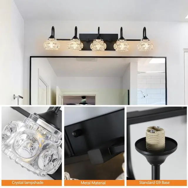 Alt view image 5 of 7 - 29" Retro 5-Light Bathroom Vanity Light Fixture - Black Finish with Crystal Glass Shades, Wall Mounted Lighting for Bathroom, Powder Room, and Vanity Mirror (No Bulbs)