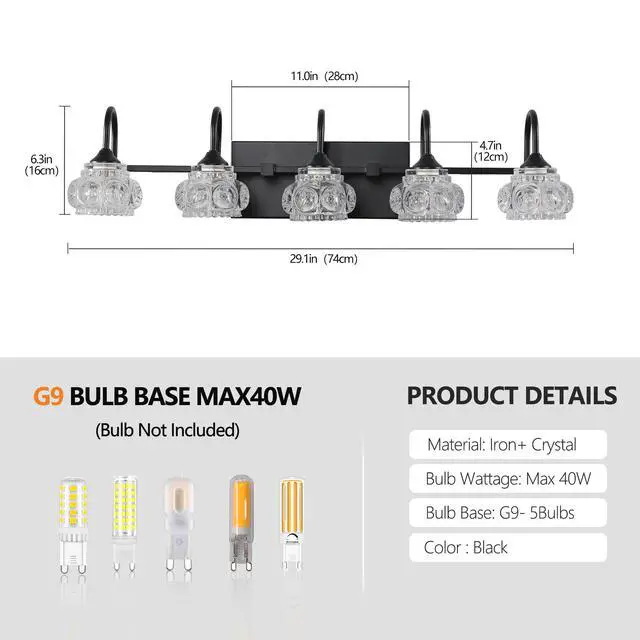 Alt view image 7 of 7 - 29" Retro 5-Light Bathroom Vanity Light Fixture - Black Finish with Crystal Glass Shades, Wall Mounted Lighting for Bathroom, Powder Room, and Vanity Mirror (No Bulbs)
