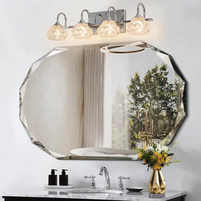 Alt view image 2 of 7 - 23" Nickel Finish Vintage Crystal Vanity Light - Elegant 4-Light Bathroom Mirror Fixture with Clear Glass Shades (No Bulbs)