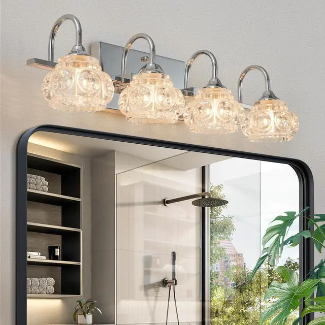 Main image of 23" Nickel Finish Vintage Crystal Vanity Light - Elegant 4-Light Bathroom Mirror Fixture with Clear Glass Shades (No Bulbs)