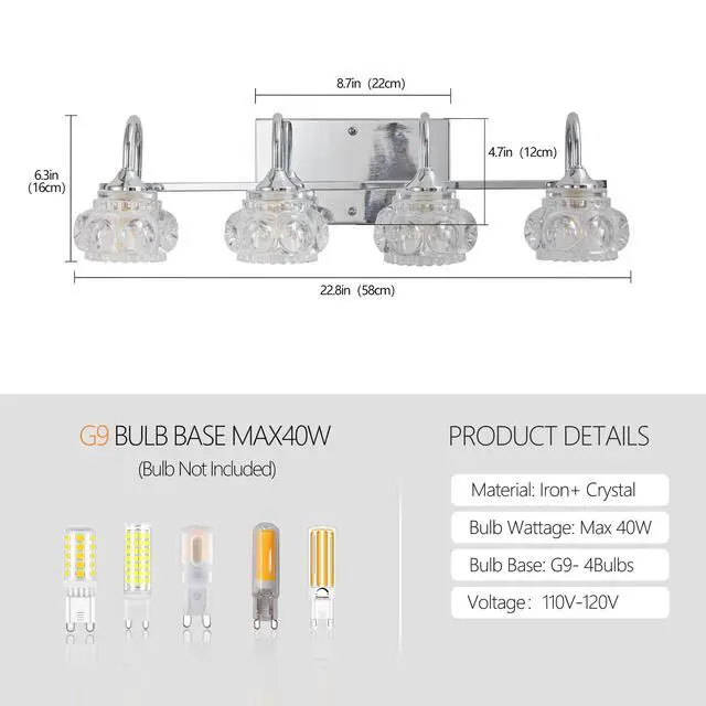 Alt view image 7 of 7 - 23" Nickel Finish Vintage Crystal Vanity Light - Elegant 4-Light Bathroom Mirror Fixture with Clear Glass Shades (No Bulbs)