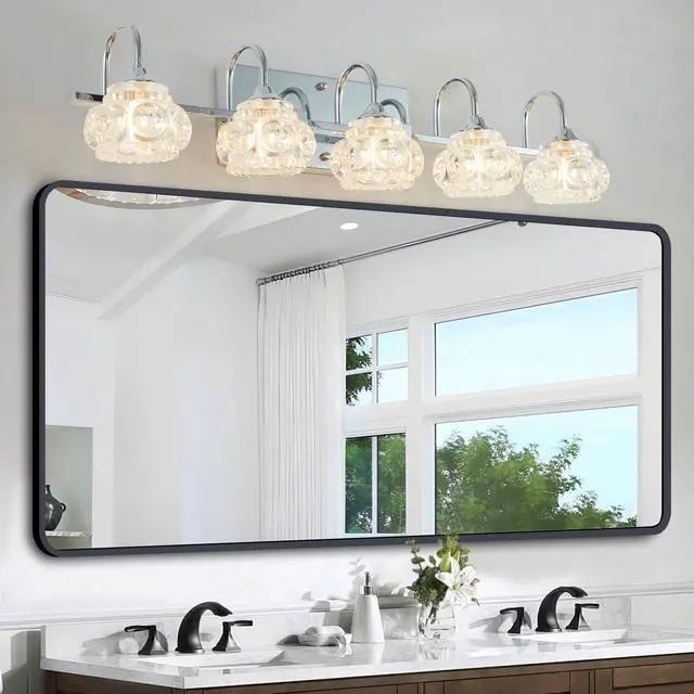 Alt view image 2 of 7 - 29" Nickel Finish Vintage Crystal Vanity Light - Elegant 5-Light Bathroom Mirror Fixture with Clear Glass Shades (No Bulbs)