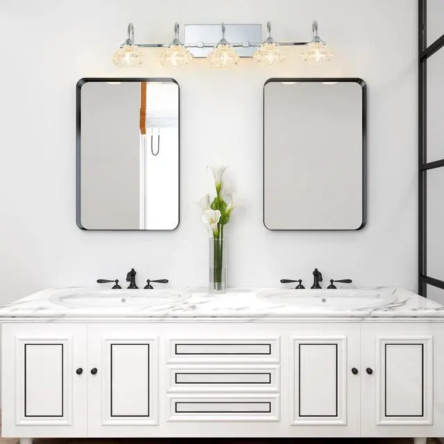 Alt view image 3 of 7 - 29" Nickel Finish Vintage Crystal Vanity Light - Elegant 5-Light Bathroom Mirror Fixture with Clear Glass Shades (No Bulbs)