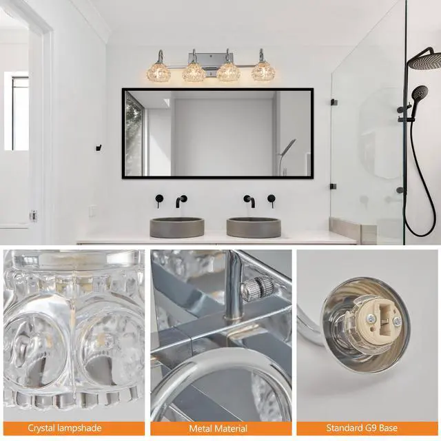 Alt view image 5 of 7 - 23" Nickel Finish Vintage Crystal Vanity Light - Elegant 4-Light Bathroom Mirror Fixture with Clear Glass Shades (No Bulbs)