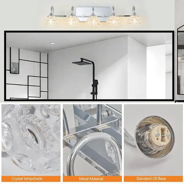 Alt view image 5 of 7 - 29" Nickel Finish Vintage Crystal Vanity Light - Elegant 5-Light Bathroom Mirror Fixture with Clear Glass Shades (No Bulbs)