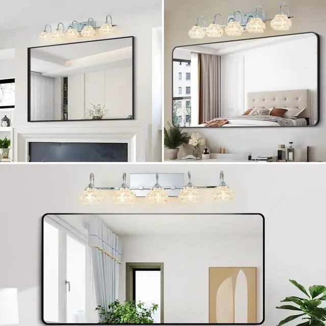Alt view image 4 of 7 - 29" Nickel Finish Vintage Crystal Vanity Light - Elegant 5-Light Bathroom Mirror Fixture with Clear Glass Shades (No Bulbs)