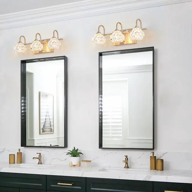 Alt view image 2 of 7 - 17" Modern Crystal Bathroom Vanity Light, 3-Light Golden Wall Sconce with Clear Glass Shade, Elegant Wall Mount Lighting for Bathroom, Powder Room, Or Vanity Mirror (No Bulbs)