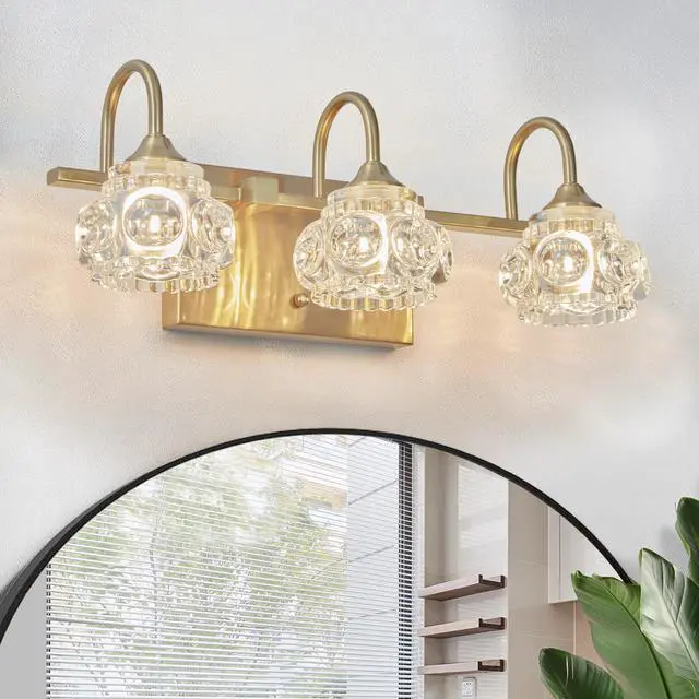 Alt view image 3 of 7 - 17" Modern Crystal Bathroom Vanity Light, 3-Light Golden Wall Sconce with Clear Glass Shade, Elegant Wall Mount Lighting for Bathroom, Powder Room, Or Vanity Mirror (No Bulbs)