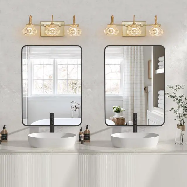 Main image of 17" Modern Crystal Bathroom Vanity Light, 3-Light Golden Wall Sconce with Clear Glass Shade, Elegant Wall Mount Lighting for Bathroom, Powder Room, Or Vanity Mirror (No Bulbs)