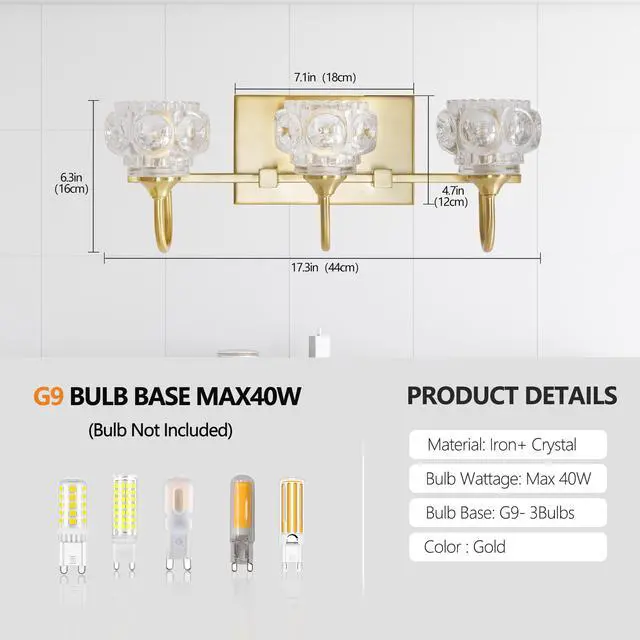 Alt view image 7 of 7 - 17" Modern Crystal Bathroom Vanity Light, 3-Light Golden Wall Sconce with Clear Glass Shade, Elegant Wall Mount Lighting for Bathroom, Powder Room, Or Vanity Mirror (No Bulbs)
