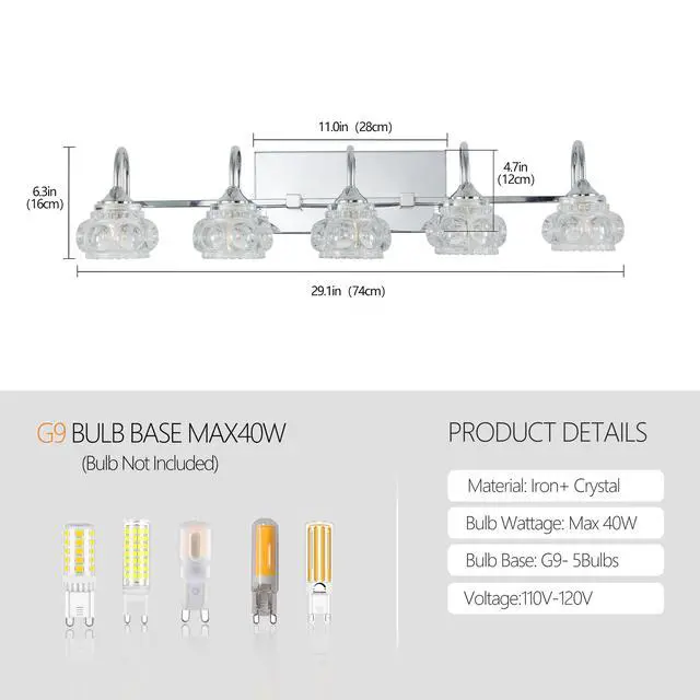 Alt view image 7 of 7 - 29" Nickel Finish Vintage Crystal Vanity Light - Elegant 5-Light Bathroom Mirror Fixture with Clear Glass Shades (No Bulbs)