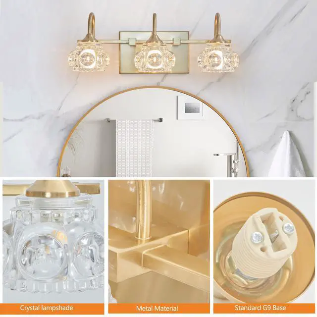 Alt view image 5 of 7 - 17" Modern Crystal Bathroom Vanity Light, 3-Light Golden Wall Sconce with Clear Glass Shade, Elegant Wall Mount Lighting for Bathroom, Powder Room, Or Vanity Mirror (No Bulbs)