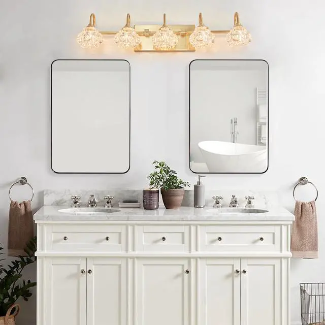 Alt view image 2 of 7 - 29" Modern Crystal Bathroom Vanity Light, 5-Light Golden Wall Sconce with Clear Glass Shade, Elegant Wall Mount Lighting for Bathroom, Powder Room, Or Vanity Mirror (No Bulbs)