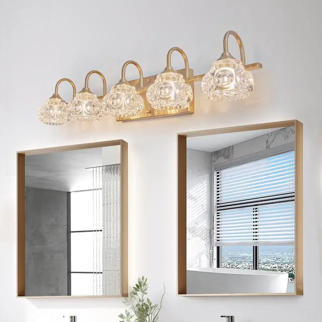 Alt view image 3 of 7 - 29" Modern Crystal Bathroom Vanity Light, 5-Light Golden Wall Sconce with Clear Glass Shade, Elegant Wall Mount Lighting for Bathroom, Powder Room, Or Vanity Mirror (No Bulbs)