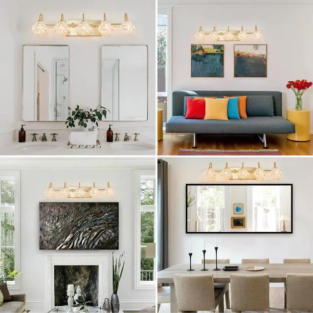 Alt view image 4 of 7 - 29" Modern Crystal Bathroom Vanity Light, 5-Light Golden Wall Sconce with Clear Glass Shade, Elegant Wall Mount Lighting for Bathroom, Powder Room, Or Vanity Mirror (No Bulbs)