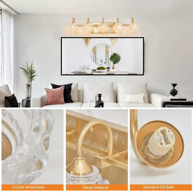 Alt view image 5 of 7 - 29" Modern Crystal Bathroom Vanity Light, 5-Light Golden Wall Sconce with Clear Glass Shade, Elegant Wall Mount Lighting for Bathroom, Powder Room, Or Vanity Mirror (No Bulbs)