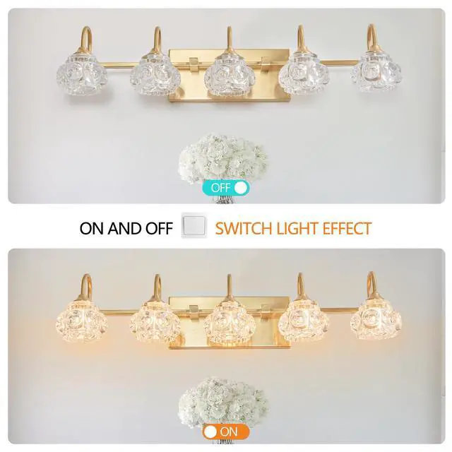 Alt view image 6 of 7 - 29" Modern Crystal Bathroom Vanity Light, 5-Light Golden Wall Sconce with Clear Glass Shade, Elegant Wall Mount Lighting for Bathroom, Powder Room, Or Vanity Mirror (No Bulbs)