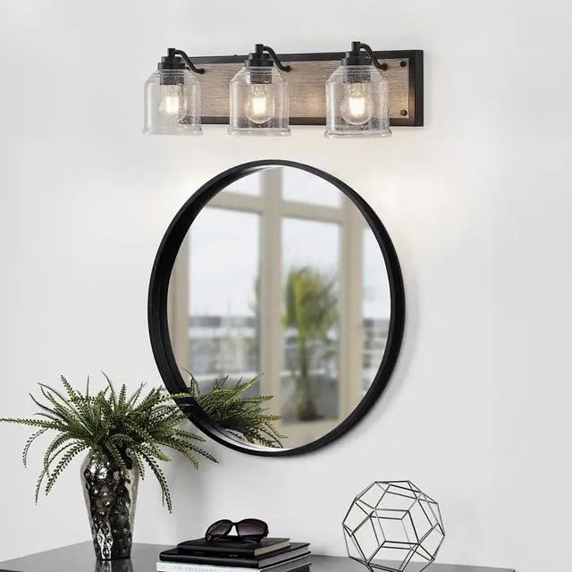 Main image of 23" Farmhouse Vanity Light Fixture, 3-Light Bathroom Wall Sconce with Clear Seeded Glass Shades, Black and Wood Grain Finish, Modern industrial Design for Bathroom Or Powder Room (No Bulbs)