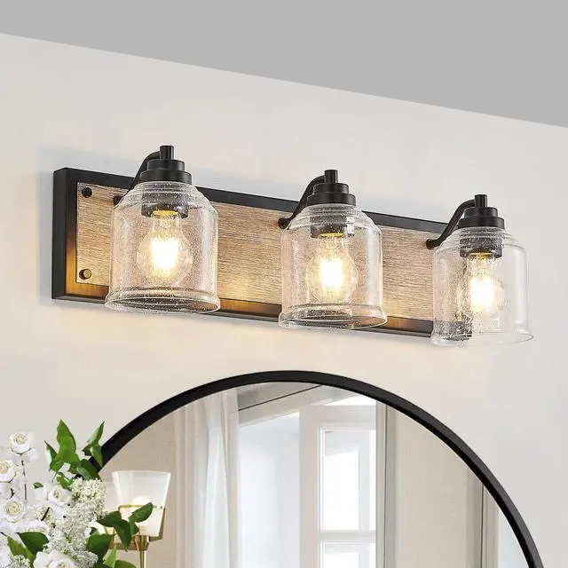 Alt view image 3 of 7 - 23" Farmhouse Vanity Light Fixture, 3-Light Bathroom Wall Sconce with Clear Seeded Glass Shades, Black and Wood Grain Finish, Modern industrial Design for Bathroom Or Powder Room (No Bulbs)