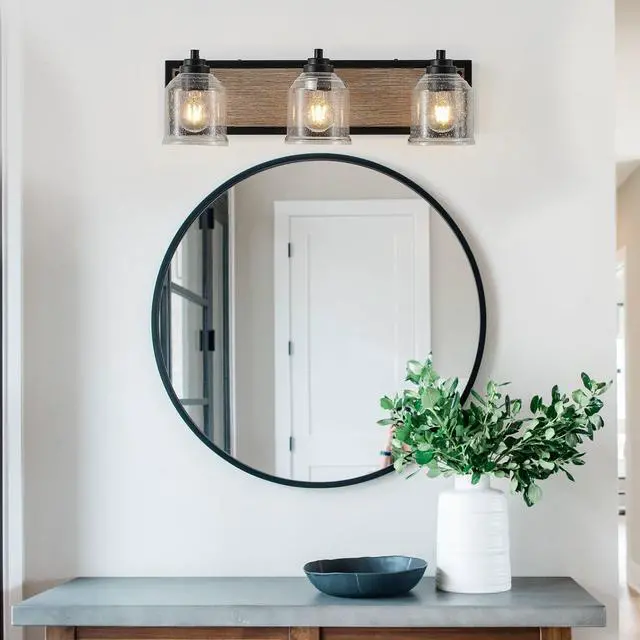 Alt view image 2 of 7 - 23" Farmhouse Vanity Light Fixture, 3-Light Bathroom Wall Sconce with Clear Seeded Glass Shades, Black and Wood Grain Finish, Modern industrial Design for Bathroom Or Powder Room (No Bulbs)