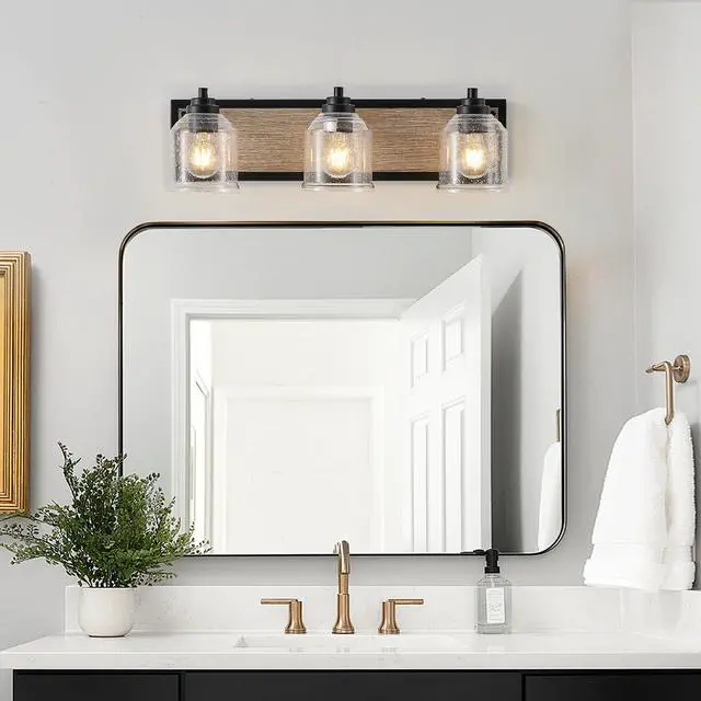 Alt view image 4 of 7 - 23" Farmhouse Vanity Light Fixture, 3-Light Bathroom Wall Sconce with Clear Seeded Glass Shades, Black and Wood Grain Finish, Modern industrial Design for Bathroom Or Powder Room (No Bulbs)
