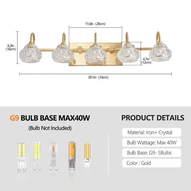Alt view image 7 of 7 - 29" Modern Crystal Bathroom Vanity Light, 5-Light Golden Wall Sconce with Clear Glass Shade, Elegant Wall Mount Lighting for Bathroom, Powder Room, Or Vanity Mirror (No Bulbs)