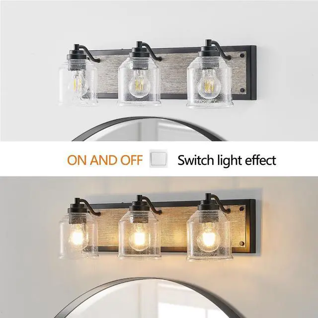 Alt view image 5 of 7 - 23" Farmhouse Vanity Light Fixture, 3-Light Bathroom Wall Sconce with Clear Seeded Glass Shades, Black and Wood Grain Finish, Modern industrial Design for Bathroom Or Powder Room (No Bulbs)