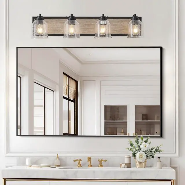 Main image of 32" Farmhouse Vanity Light Fixture, 4-Light Bathroom Wall Sconce with Clear Seeded Glass Shades, Black and Wood Grain Finish, Modern industrial Design for Bathroom Or Powder Room (No Bulbs)