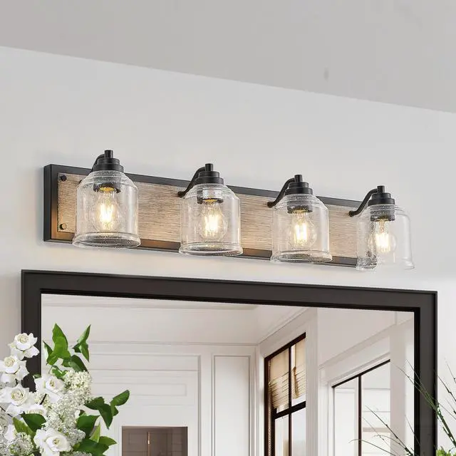 Alt view image 4 of 7 - 32" Farmhouse Vanity Light Fixture, 4-Light Bathroom Wall Sconce with Clear Seeded Glass Shades, Black and Wood Grain Finish, Modern industrial Design for Bathroom Or Powder Room (No Bulbs)