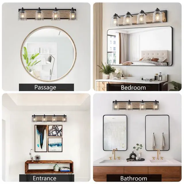 Alt view image 5 of 7 - 32" Farmhouse Vanity Light Fixture, 4-Light Bathroom Wall Sconce with Clear Seeded Glass Shades, Black and Wood Grain Finish, Modern industrial Design for Bathroom Or Powder Room (No Bulbs)