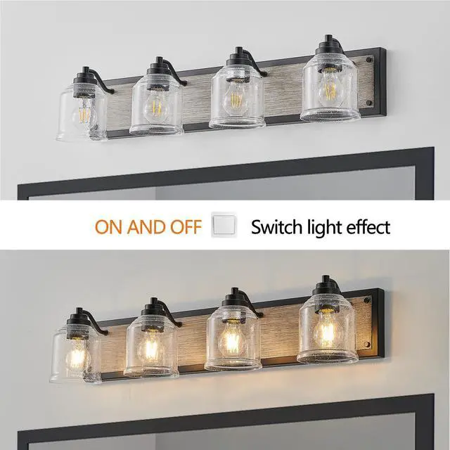 Alt view image 7 of 7 - 32" Farmhouse Vanity Light Fixture, 4-Light Bathroom Wall Sconce with Clear Seeded Glass Shades, Black and Wood Grain Finish, Modern industrial Design for Bathroom Or Powder Room (No Bulbs)