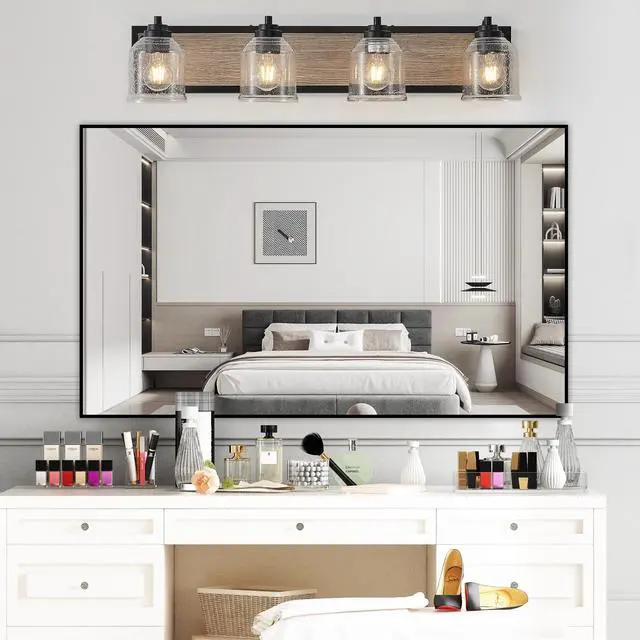 Alt view image 2 of 7 - 32" Farmhouse Vanity Light Fixture, 4-Light Bathroom Wall Sconce with Clear Seeded Glass Shades, Black and Wood Grain Finish, Modern industrial Design for Bathroom Or Powder Room (No Bulbs)