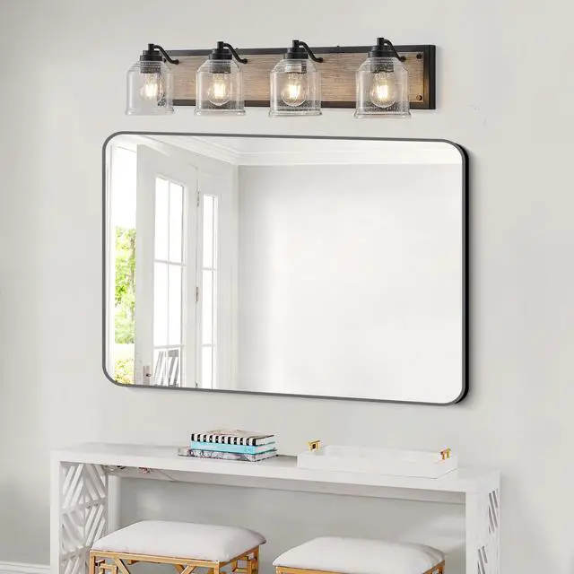 Alt view image 3 of 7 - 32" Farmhouse Vanity Light Fixture, 4-Light Bathroom Wall Sconce with Clear Seeded Glass Shades, Black and Wood Grain Finish, Modern industrial Design for Bathroom Or Powder Room (No Bulbs)