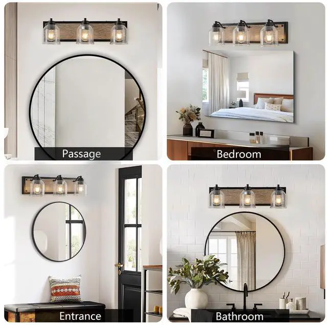 Alt view image 6 of 7 - 23" Farmhouse Vanity Light Fixture, 3-Light Bathroom Wall Sconce with Clear Seeded Glass Shades, Black and Wood Grain Finish, Modern industrial Design for Bathroom Or Powder Room (No Bulbs)