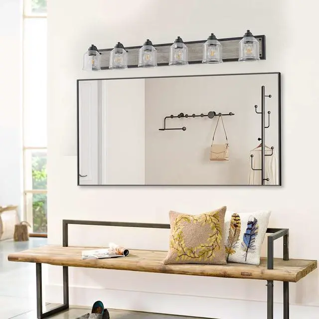 Alt view image 4 of 7 - 49" Farmhouse Vanity Light Fixture, 6-Light Bathroom Wall Sconce with Clear Seeded Glass Shades, Black and Wood Grain Finish, Modern industrial Design for Bathroom Or Powder Room (No Bulbs)