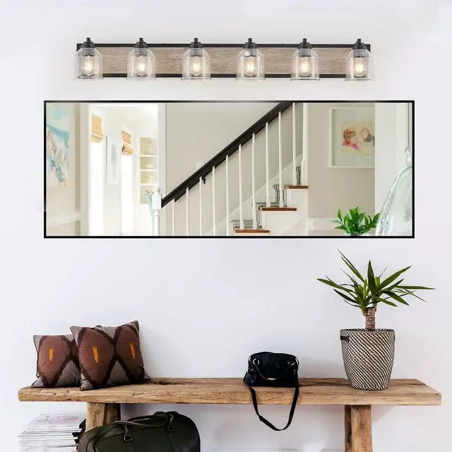 Alt view image 3 of 7 - 49" Farmhouse Vanity Light Fixture, 6-Light Bathroom Wall Sconce with Clear Seeded Glass Shades, Black and Wood Grain Finish, Modern industrial Design for Bathroom Or Powder Room (No Bulbs)