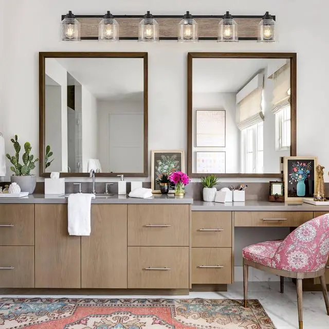 Alt view image 5 of 7 - 49" Farmhouse Vanity Light Fixture, 6-Light Bathroom Wall Sconce with Clear Seeded Glass Shades, Black and Wood Grain Finish, Modern industrial Design for Bathroom Or Powder Room (No Bulbs)