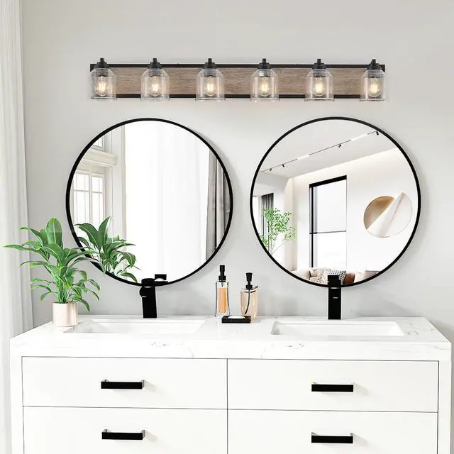 Alt view image 2 of 7 - 49" Farmhouse Vanity Light Fixture, 6-Light Bathroom Wall Sconce with Clear Seeded Glass Shades, Black and Wood Grain Finish, Modern industrial Design for Bathroom Or Powder Room (No Bulbs)