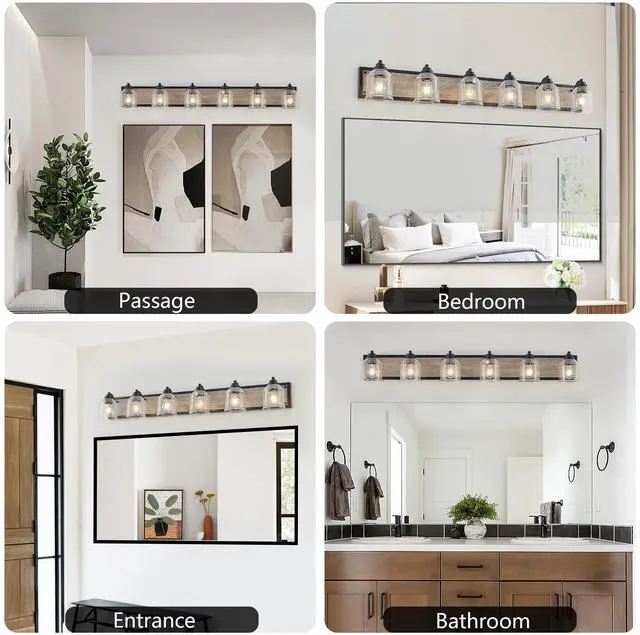 Alt view image 6 of 7 - 49" Farmhouse Vanity Light Fixture, 6-Light Bathroom Wall Sconce with Clear Seeded Glass Shades, Black and Wood Grain Finish, Modern industrial Design for Bathroom Or Powder Room (No Bulbs)