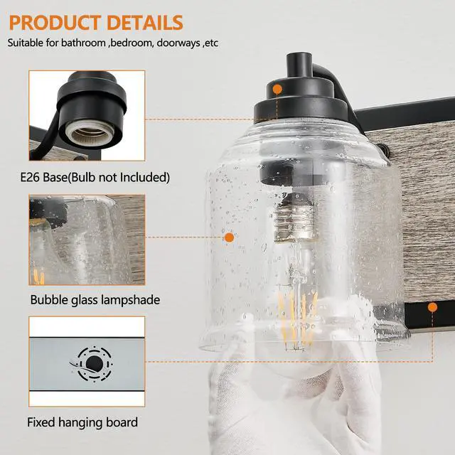 Alt view image 7 of 7 - 49" Farmhouse Vanity Light Fixture, 6-Light Bathroom Wall Sconce with Clear Seeded Glass Shades, Black and Wood Grain Finish, Modern industrial Design for Bathroom Or Powder Room (No Bulbs)