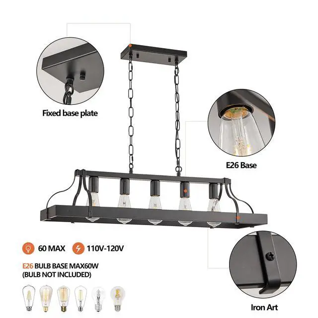 Alt view image 7 of 7 - 34-inch Black industrial Pendant Light with 5 E26 Bulb Sockets, Adjustable Chain Height Modern Farmhouse Linear Chandelier for Dining Room, Kitchen Island, Or Living Room (Bulb Not included)