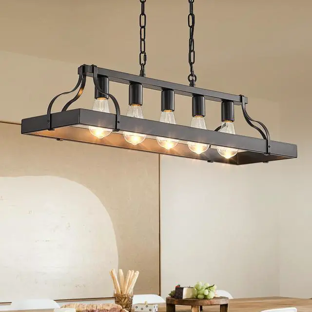 Alt view image 4 of 7 - 34-inch Black industrial Pendant Light with 5 E26 Bulb Sockets, Adjustable Chain Height Modern Farmhouse Linear Chandelier for Dining Room, Kitchen Island, Or Living Room (Bulb Not included)