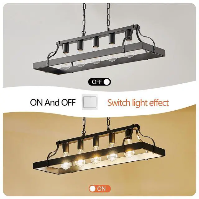 Alt view image 5 of 7 - 34-inch Black industrial Pendant Light with 5 E26 Bulb Sockets, Adjustable Chain Height Modern Farmhouse Linear Chandelier for Dining Room, Kitchen Island, Or Living Room (Bulb Not included)