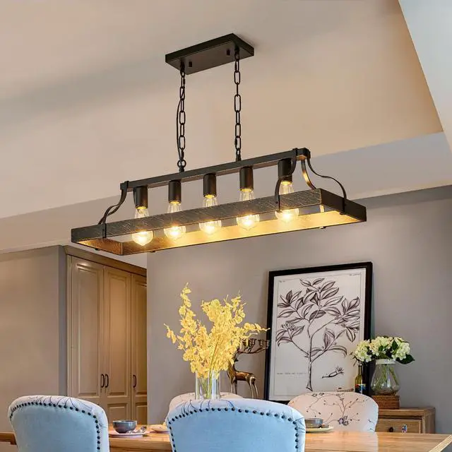 Alt view image 2 of 7 - 34-inch Black Gold Vintage Pendant Light, 5 E26 Bulb Sockets, Adjustable Chain Height Antique Style Chandelier for Dining Room, Kitchen, Or Living Room (Bulb Not included)