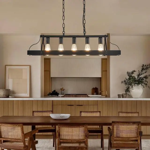 Alt view image 2 of 7 - 34-inch Black industrial Pendant Light with 5 E26 Bulb Sockets, Adjustable Chain Height Modern Farmhouse Linear Chandelier for Dining Room, Kitchen Island, Or Living Room (Bulb Not included)