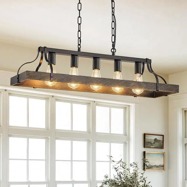 Main image of 34-inch Black Gold Vintage Pendant Light, 5 E26 Bulb Sockets, Adjustable Chain Height Antique Style Chandelier for Dining Room, Kitchen, Or Living Room (Bulb Not included)